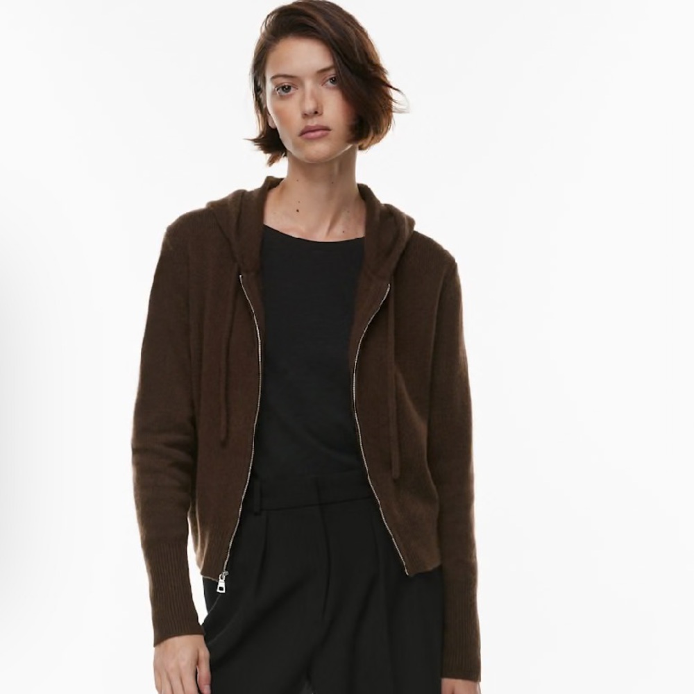Aritzia Brown Cashmere Zip Sweater with Ribbed Cuffs
